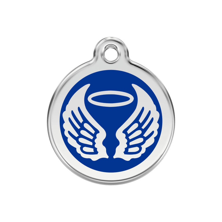 Vue avant - Médaille personnalisée pour chien ou chat Red Dingo Émail et acier inoxydable - Ailes d'anges - Bleu foncé - Größe M