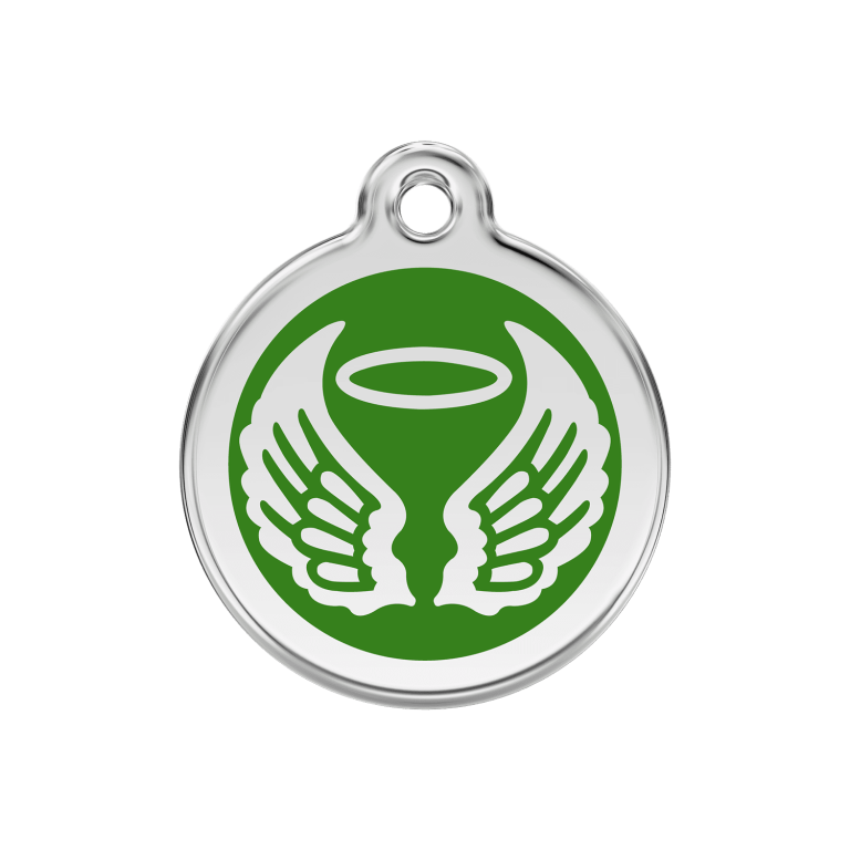 Vue avant - Médaille personnalisée pour chien ou chat - Red Dingo Émail et acier inoxydable - Ailes d'anges - Vert - Größe M