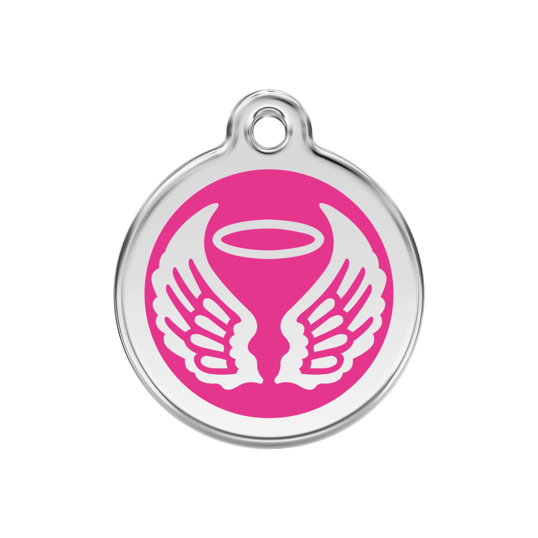 Vue avant - Médaille personnalisable pour chien Red Dingo Émail et acier inoxydable - Ailes d'anges - Rose vif - Größe M