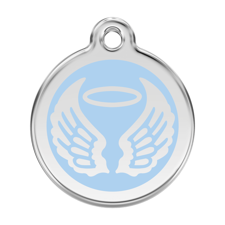 Vue avant - Médaille personnalisée pour chien Red Dingo Émail et acier inoxydable - Ailes d'anges - Bleu clair - Größe L