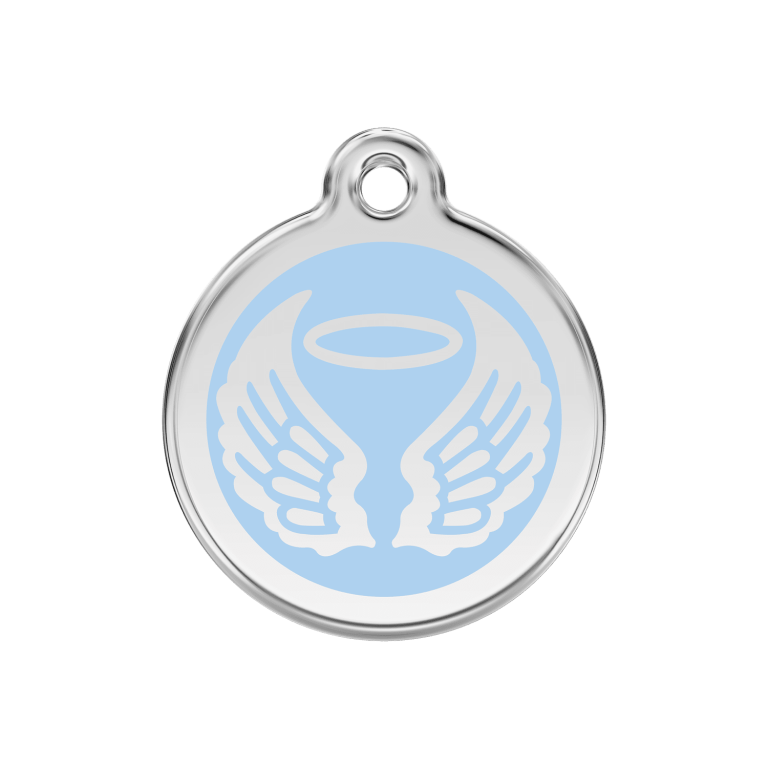 Vue avant - Médaille personnalisée pour chien Red Dingo Émail et acier inoxydable - Ailes d'anges - Bleu clair - Größe M