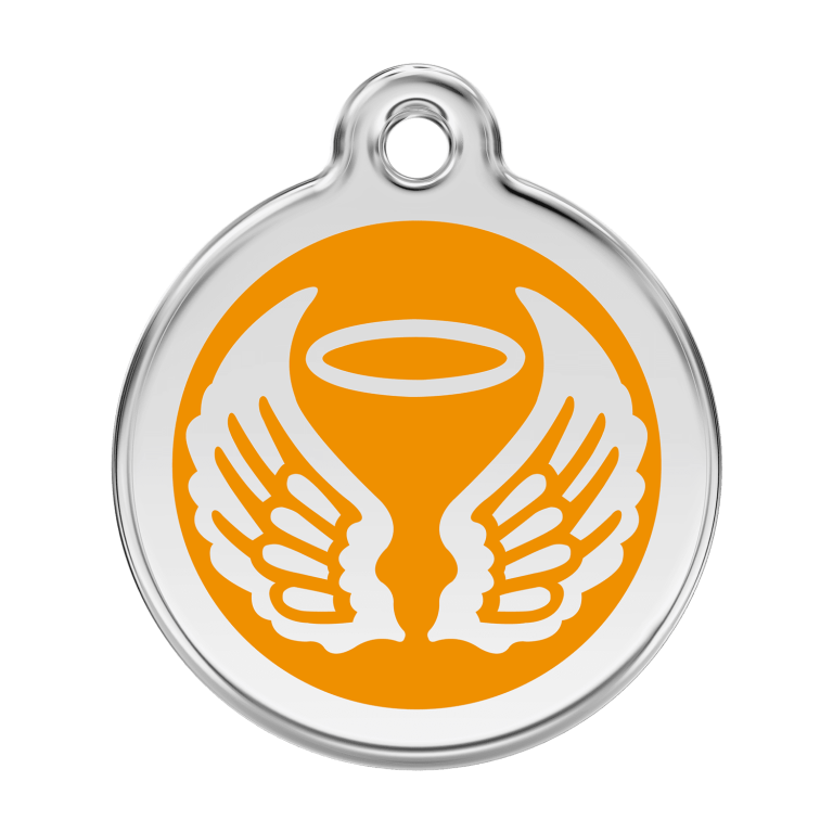 Vue avant - Médaille personnalisable pour chien Red Dingo Émail et acier inoxydable - Ailes d'anges - Orange - Größe L
