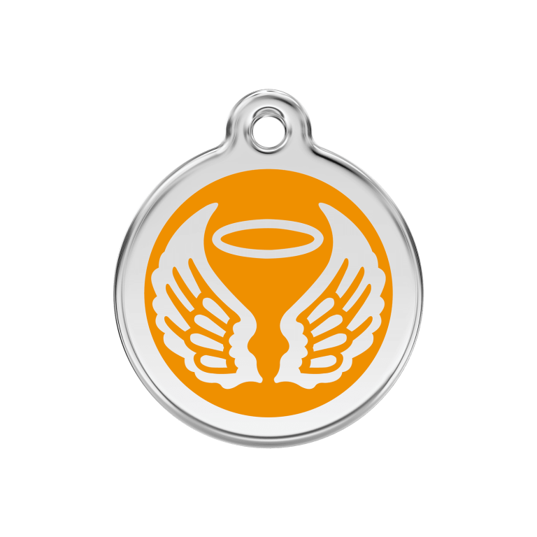 Vue avant - Médaille personnalisée pour chien Red Dingo Émail et acier inoxydable - Ailes d'anges - Orange - Größe M