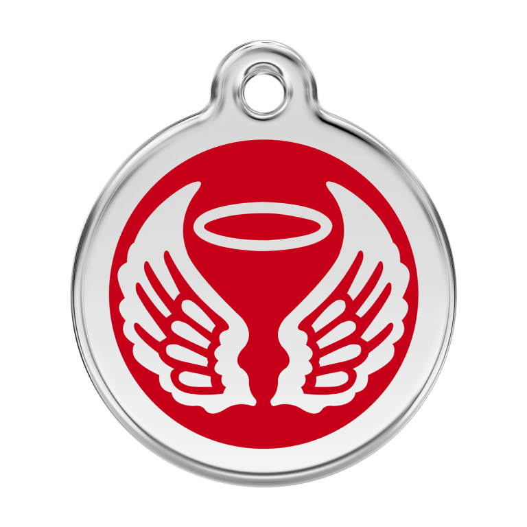 Vue avant - Médaille personnalisée pour chien Red Dingo Émail et acier inoxydable - Ailes d'anges - Rouge - Größe L