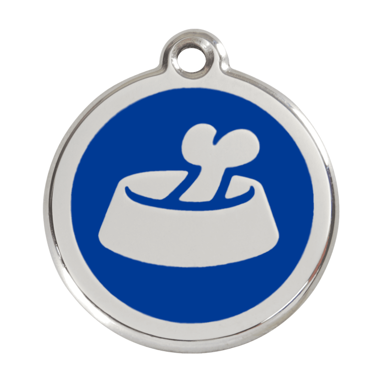 Vue avant - Médaille personnalisée pour chien Red Dingo - Os dans un bol - Bleu foncé - Größe L