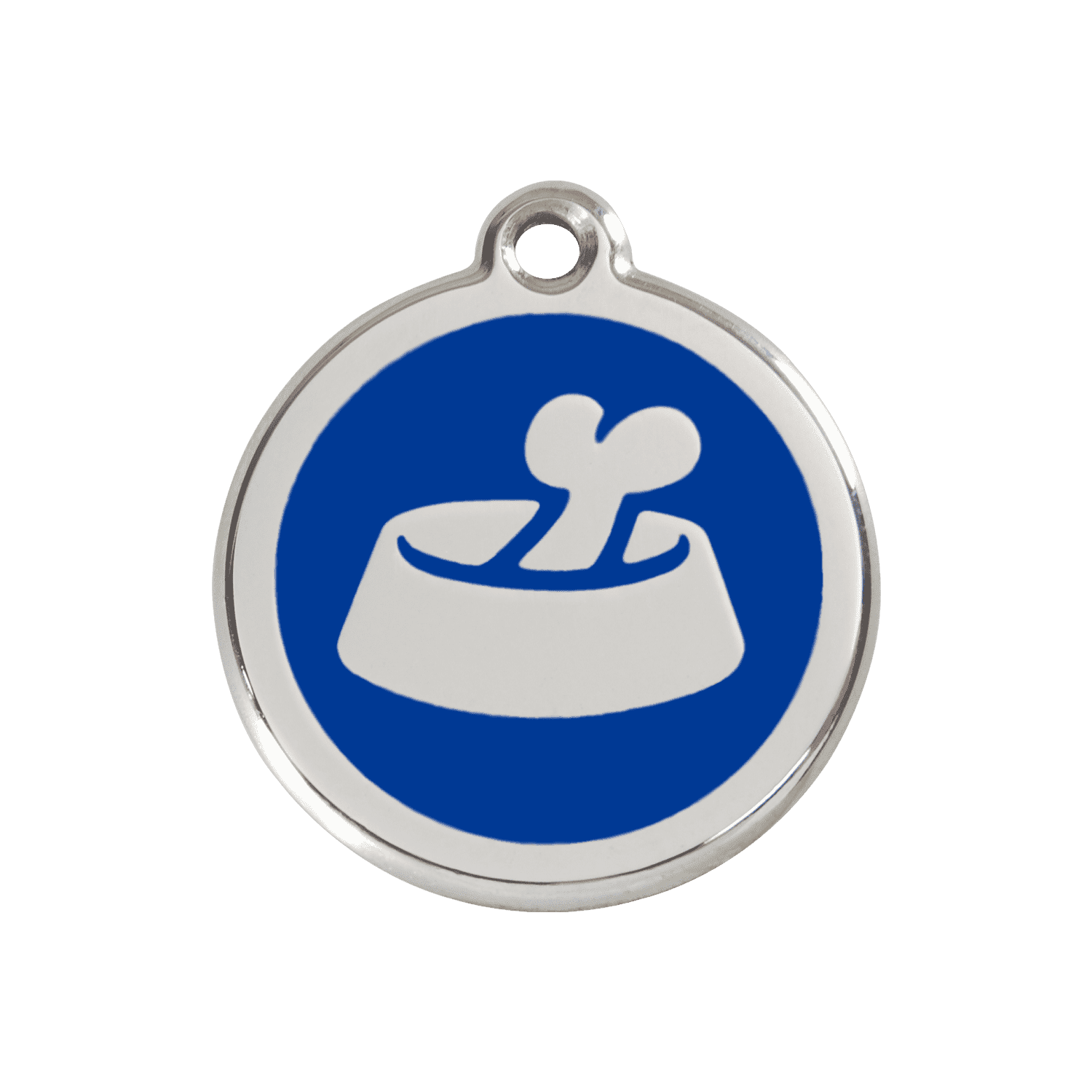 Vue avant - Médaille personnalisée en émail et acier inoxydable pour chien ou chat - Os dans un bol - Bleu foncé - Größe M