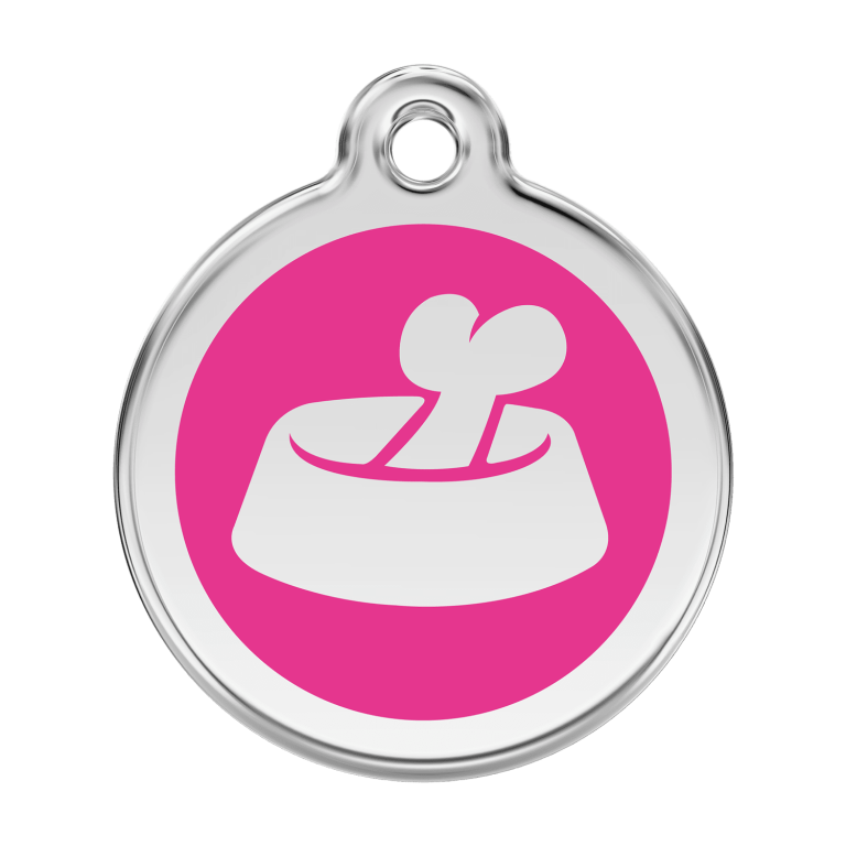 Vue avant - Médaille personnalisée pour chien Red Dingo Émail et acier inoxydable - Motif os dans un bol - Rose vif - Größe L
