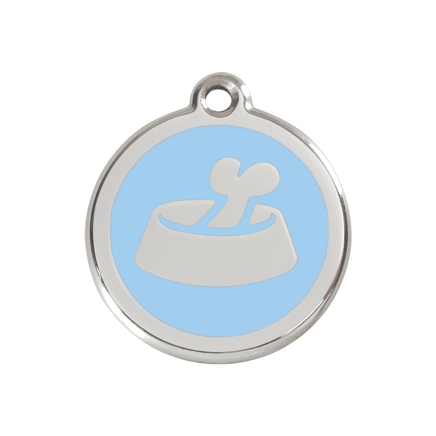 Vue avant - Médaille personnalisée pour chien/chat Red Dingo Émail/Acier inoxydable Os dans un bol Bleu clair 30mm - Référence : 01-BB-LB-ME
