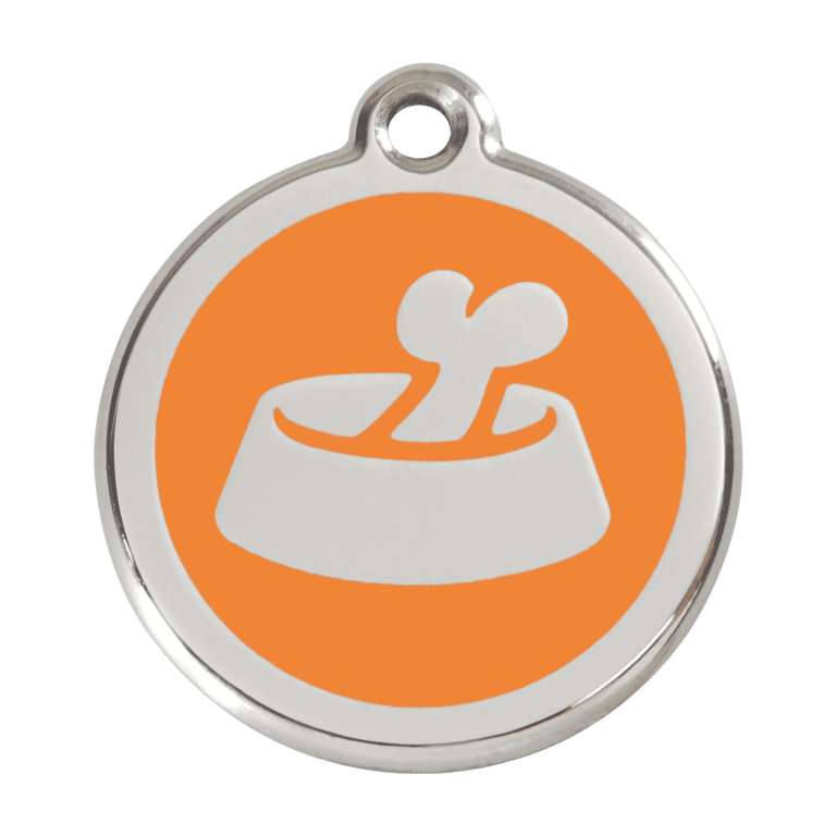 Vue avant - Médaille personnalisée pour chien Red Dingo Émail et acier inoxydable - Motif Os dans un bol - Orange - Größe L