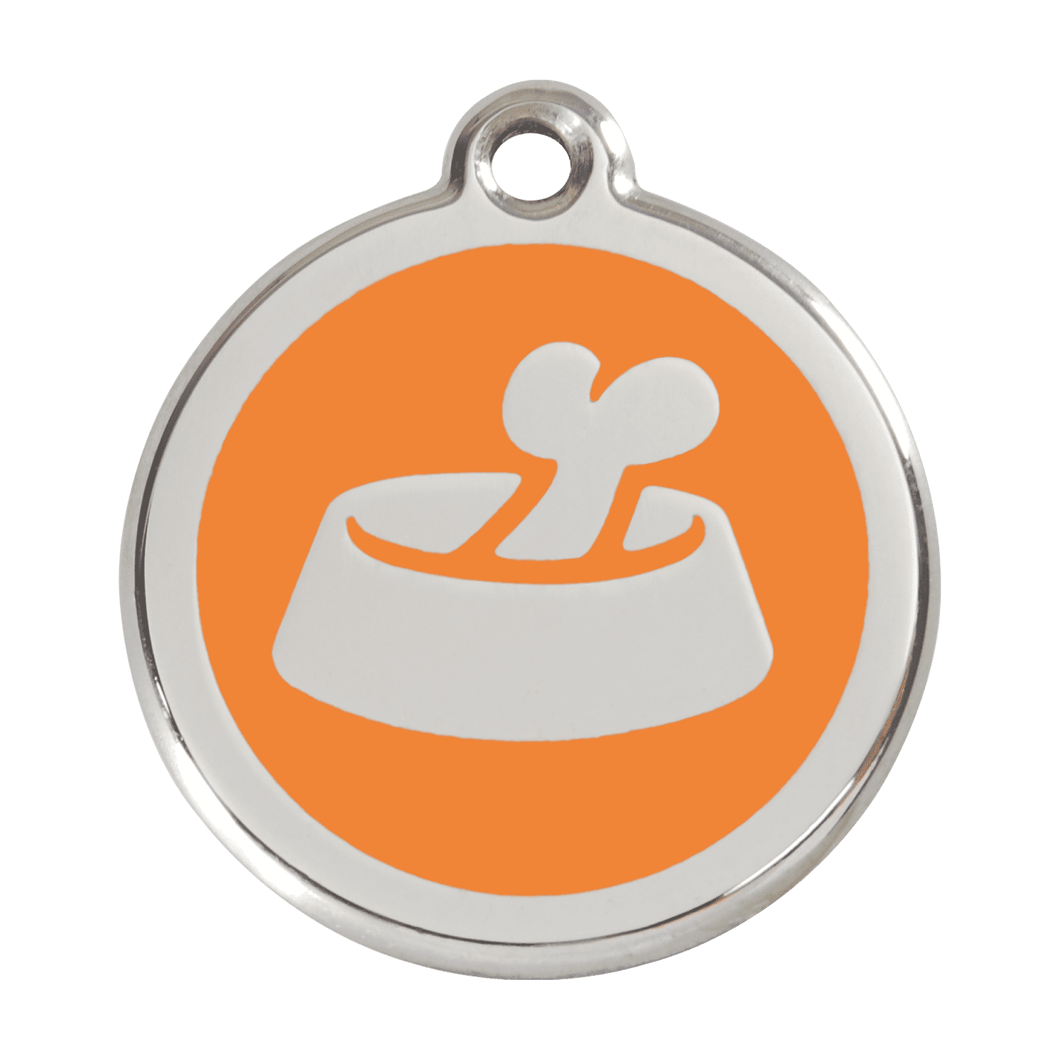 Vue avant - Médaille personnalisée pour chien Red Dingo Émail et acier inoxydable - Motif Os dans un bol - Orange - Größe L