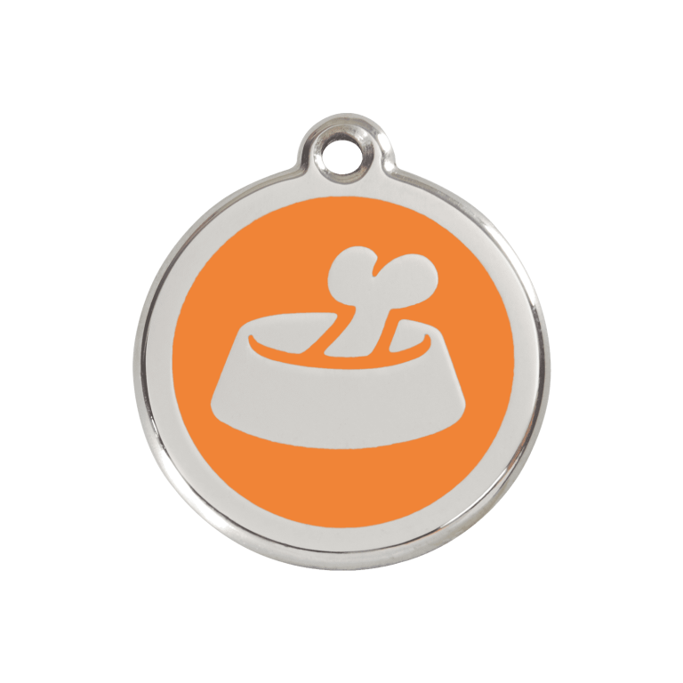 Vue avant - Médaille personnalisée pour chien Red Dingo Émail et acier inoxydable Os dans un bol Orange - Größe M