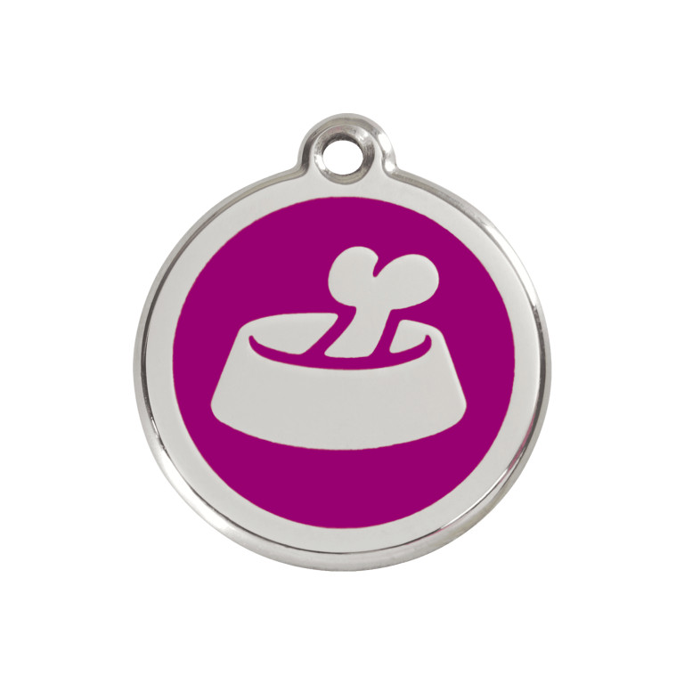 Vue avant - Médaille personnalisable pour chien ou chat - Red Dingo Émail et acier inoxydable Os dans un bol Violet - Größe M