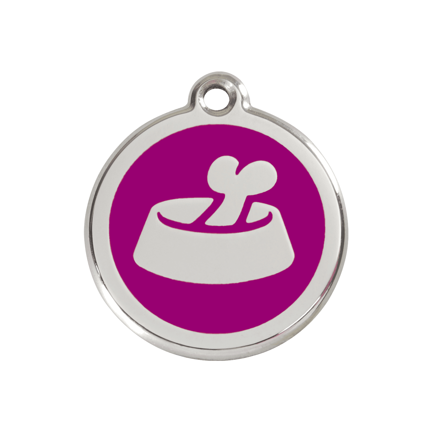 Vue avant - Médaille personnalisable pour chien ou chat - Red Dingo Émail et acier inoxydable Os dans un bol Violet - Größe M
