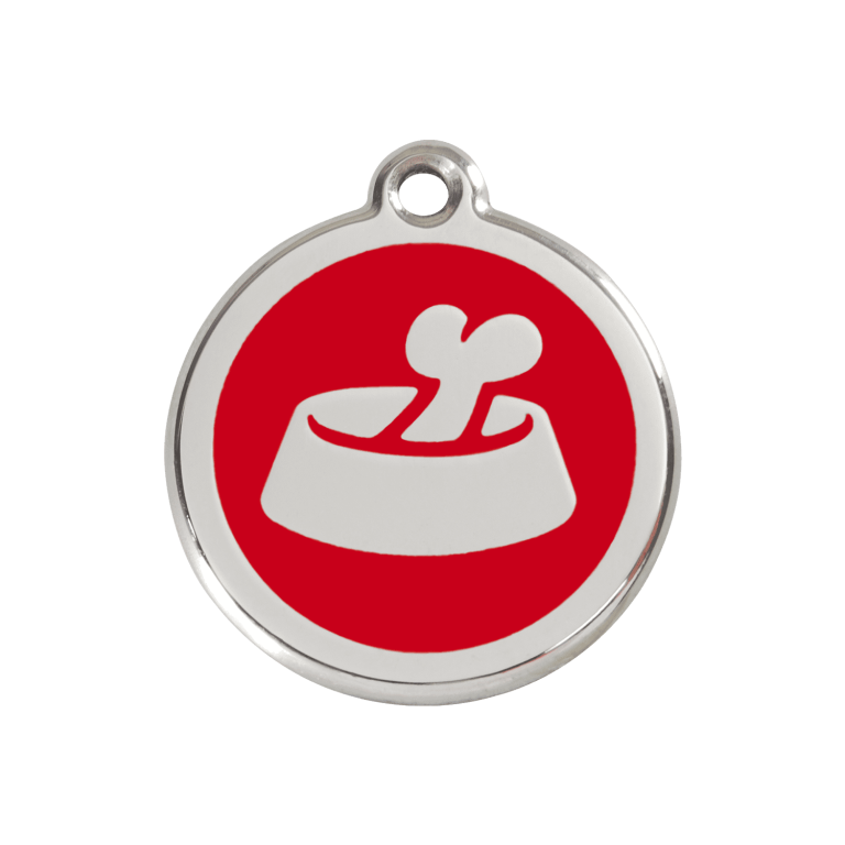 Vue avant - Médaille personnalisée pour chien Red Dingo Émail et acier inoxydable Os dans un bol - Rouge - Größe M