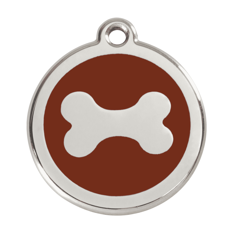 Vue avant - Médaille personnalisée pour chien Red Dingo en émail et acier inoxydable - Os brun - Größe L