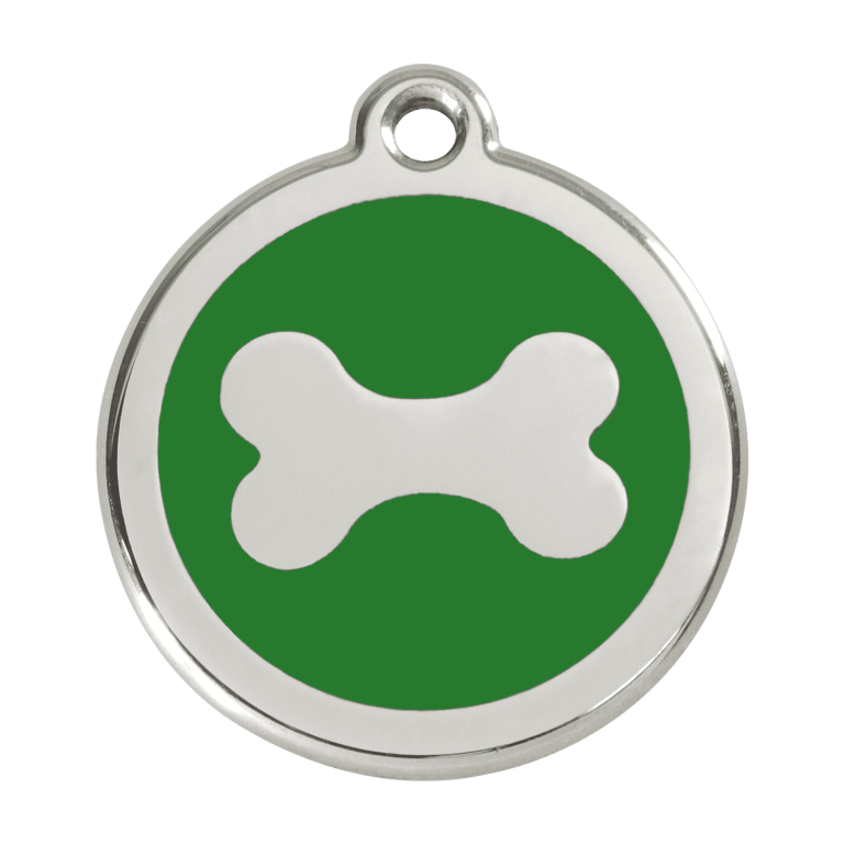 Vue avant - Médaille personnalisable pour chien en acier inoxydable - Os vert - Red Dingo - Größe L