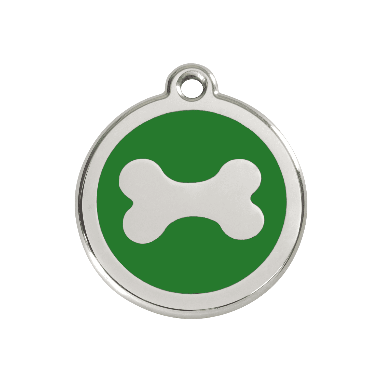 Vue avant - Médaille personnalisée pour chien Red Dingo en émail et acier inoxydable - Motif os vert - Größe M