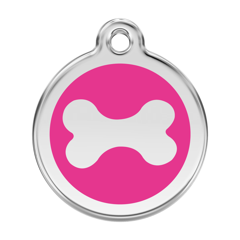 Vue avant - Médaille personnalisée pour chien Red Dingo Émail et acier inoxydable Os Rose vif - Größe L