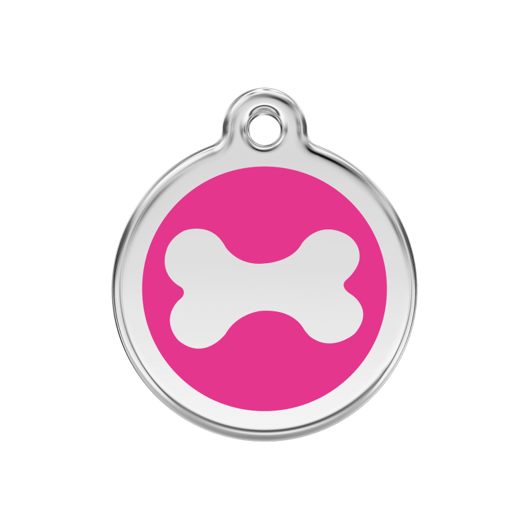Vue avant - Médaille personnalisée pour chien Red Dingo Émail et acier inoxydable - Os rose vif - Größe M 30.00mm