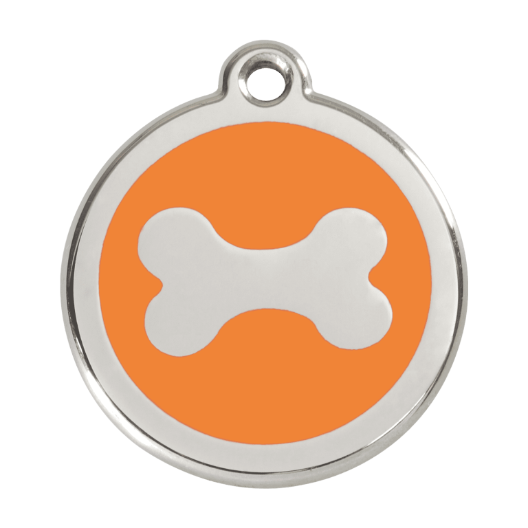 Vue avant - Médaille personnalisée pour chien Red Dingo en émail et acier inoxydable - Os orange - Größe L
