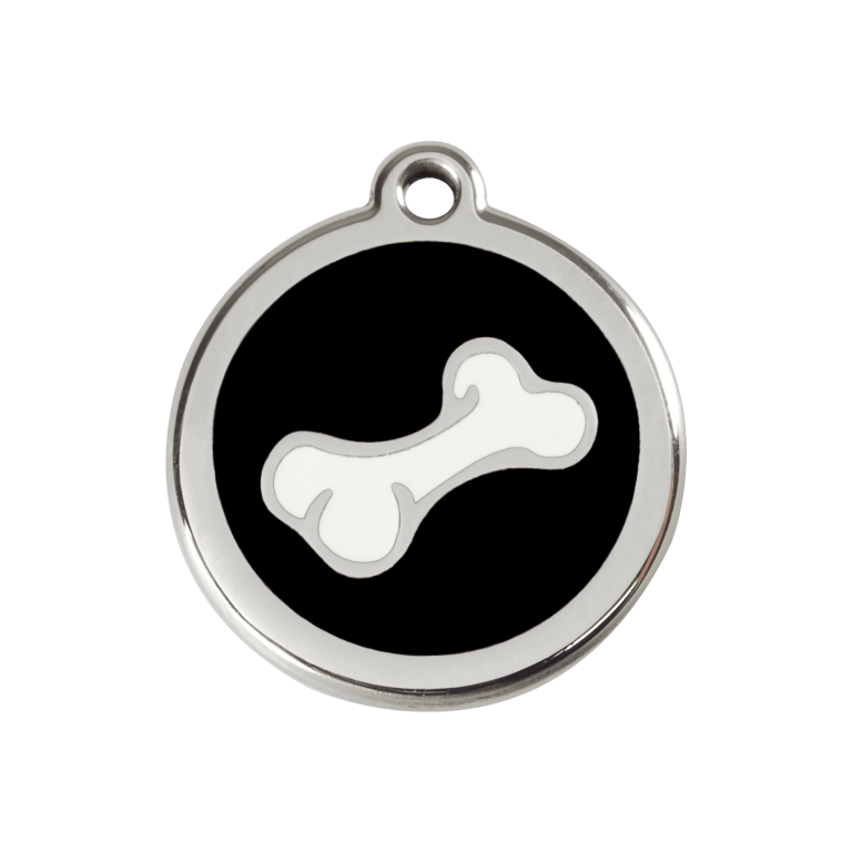 Vue avant - Médaille personnalisée pour chien Red Dingo Émail et acier inoxydable - Os noir - Größe M