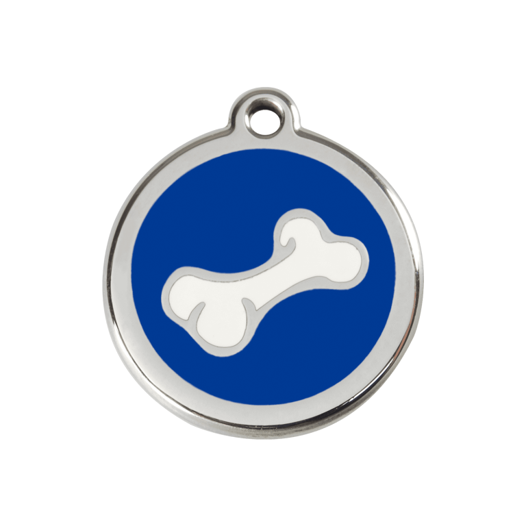 Vue avant - Médaille personnalisée pour chien en émail et acier inoxydable - Red Dingo - Os bleu foncé - Größe M