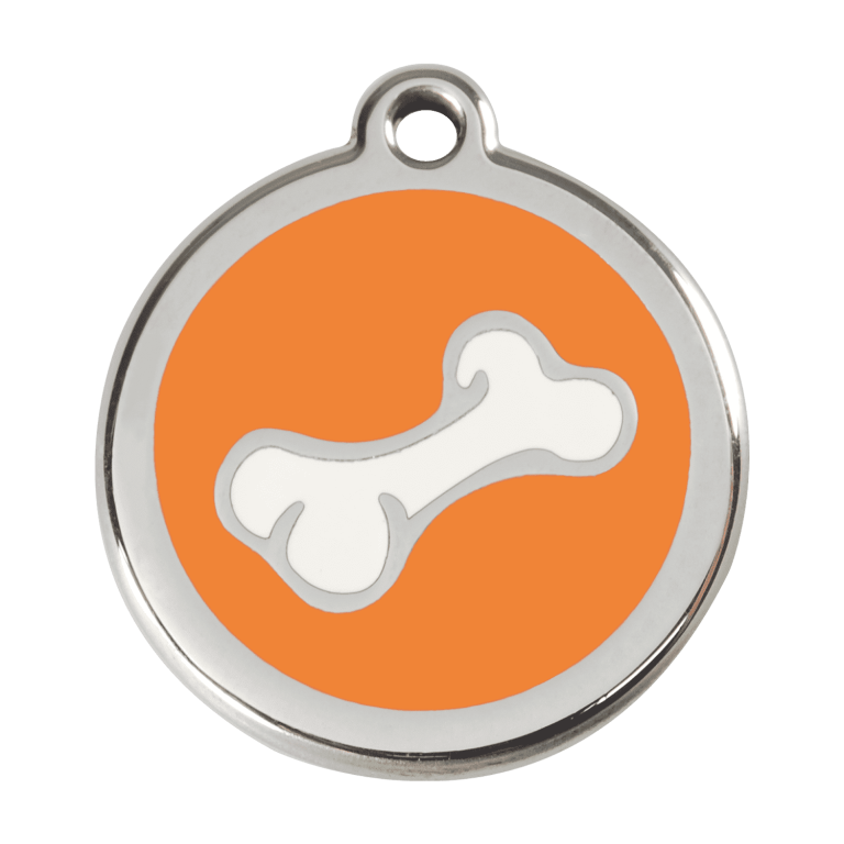Vue avant - Médaille personnalisée pour chien Red Dingo en émail et acier inoxydable - Os orange - Größe L
