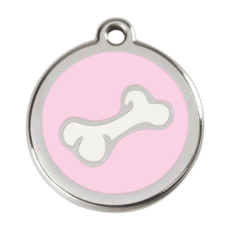 Vue avant - Médaille personnalisée pour chien Red Dingo Émail et acier inoxydable Os rose - Größe L