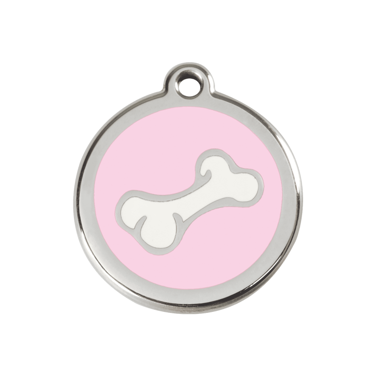 Vue avant - Médaille personnalisée pour chien ou chat - Red Dingo Émail et acier inoxydable - Motif os rose - Größe M