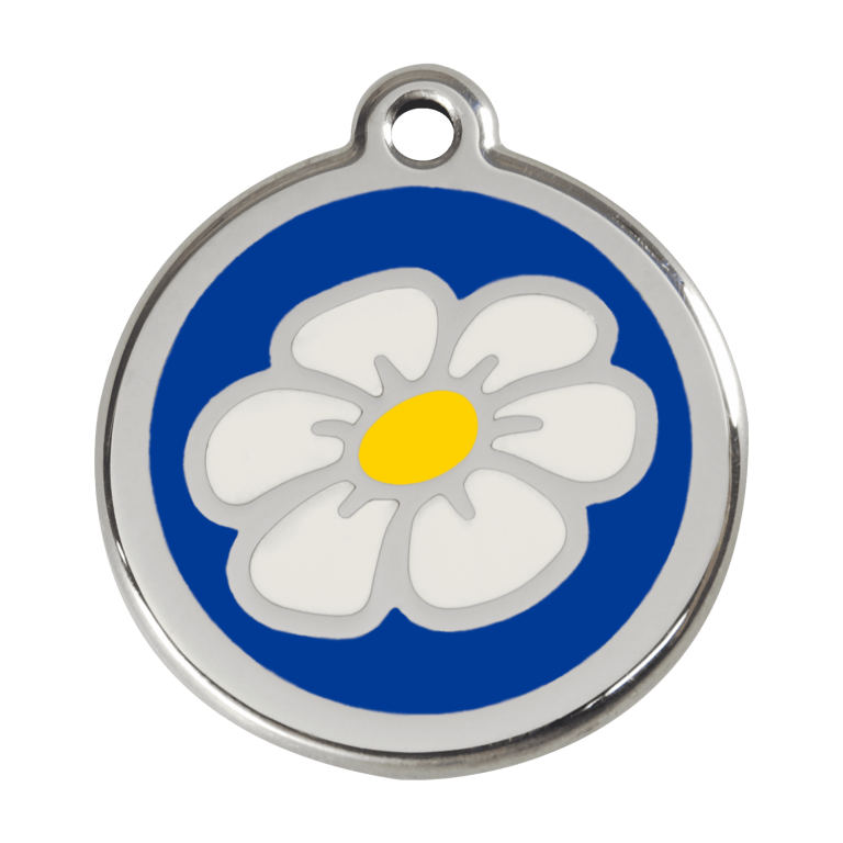 Vue avant - Médaille personnalisée pour chien - Red Dingo Émail et acier inoxydable Marguerite Bleu foncé - Größe L