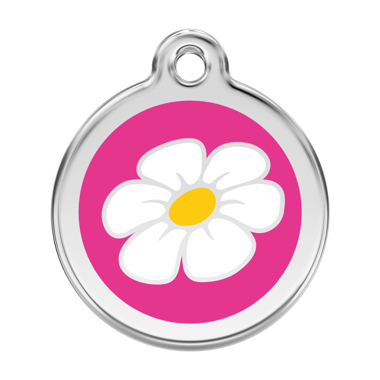 Vue avant - Médaille personnalisée pour chien Red Dingo Marguerite Rose vif - Größe L - 01-DA-HP-LG