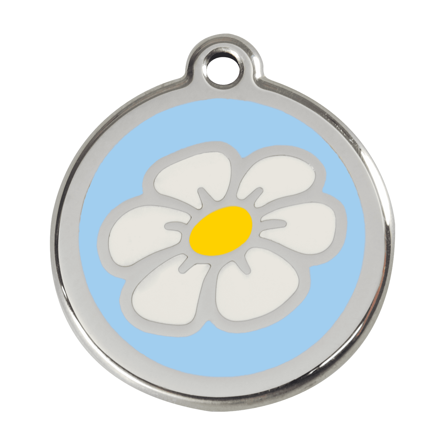 Vue avant - Médaille personnalisée pour chien Red Dingo Émail et acier inoxydable Marguerite Bleu clair - Größe L
