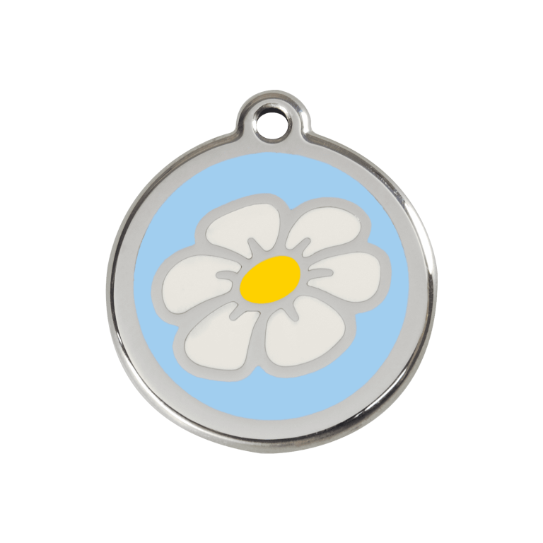 Vue avant - Médaille personnalisée pour chien ou chat - Red Dingo Émail et acier inoxydable Marguerite Bleu clair 30.00mm