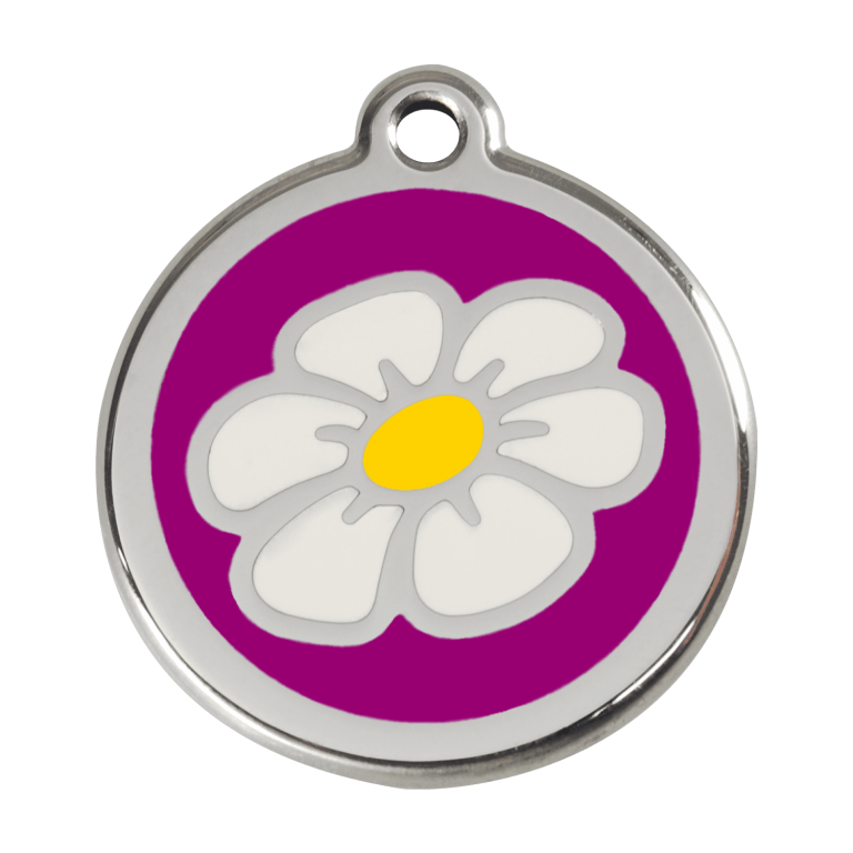 Vue avant - Médaille personnalisée pour chien Red Dingo Émail et acier inoxydable Marguerite Violet - Größe L