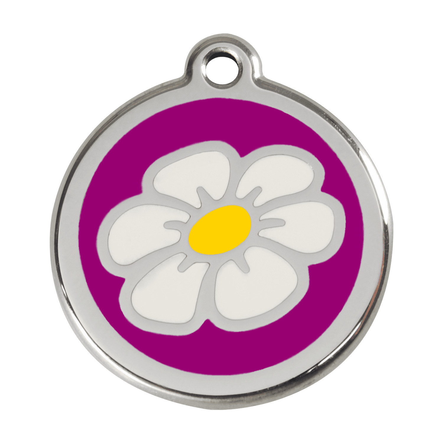 Vue avant - Médaille personnalisée pour chien Red Dingo Émail et acier inoxydable Marguerite Violet - Größe L