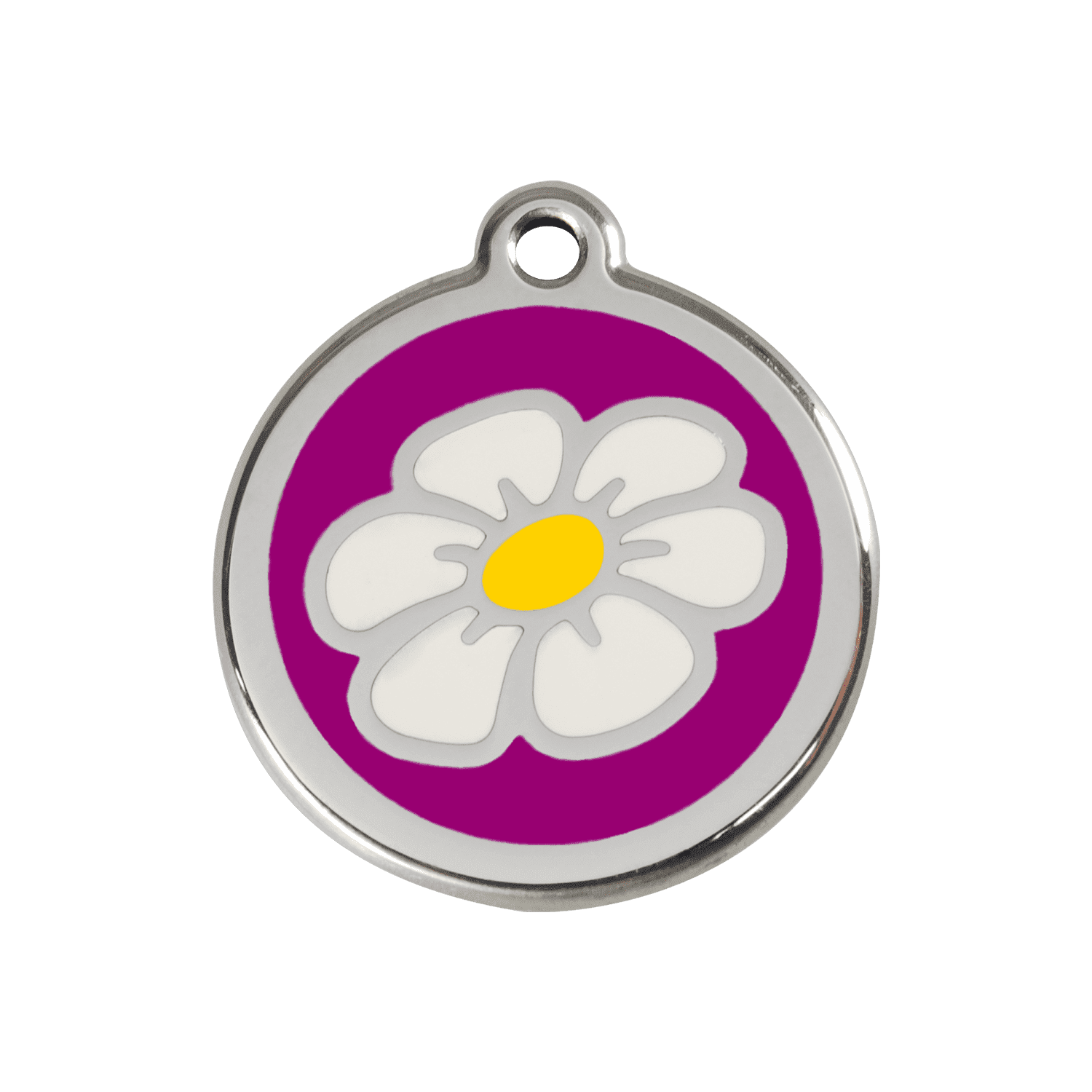Vue avant - Médaille personnalisée pour chien ou chat - Red Dingo Émail et acier inoxydable Marguerite Violet - Größe M