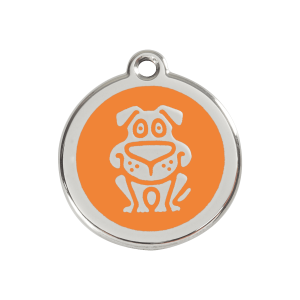 Hundemarke mit Hundemotiv in orangefarbenem Emaille, Größe M
