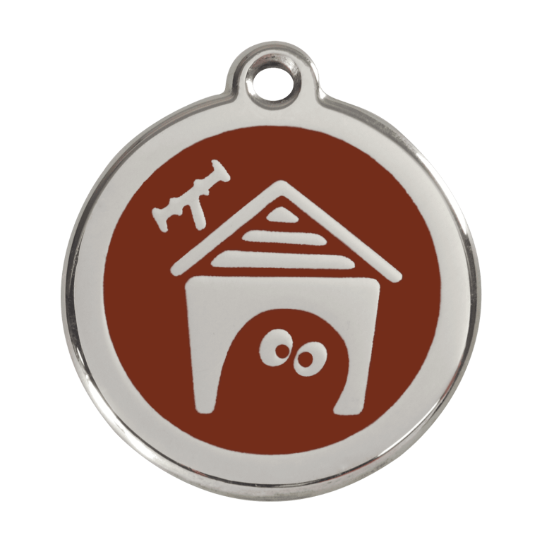 Vue avant - Médaille personnalisée pour chien Red Dingo en émail et acier inoxydable - Motif Niche - Brun - Größe L