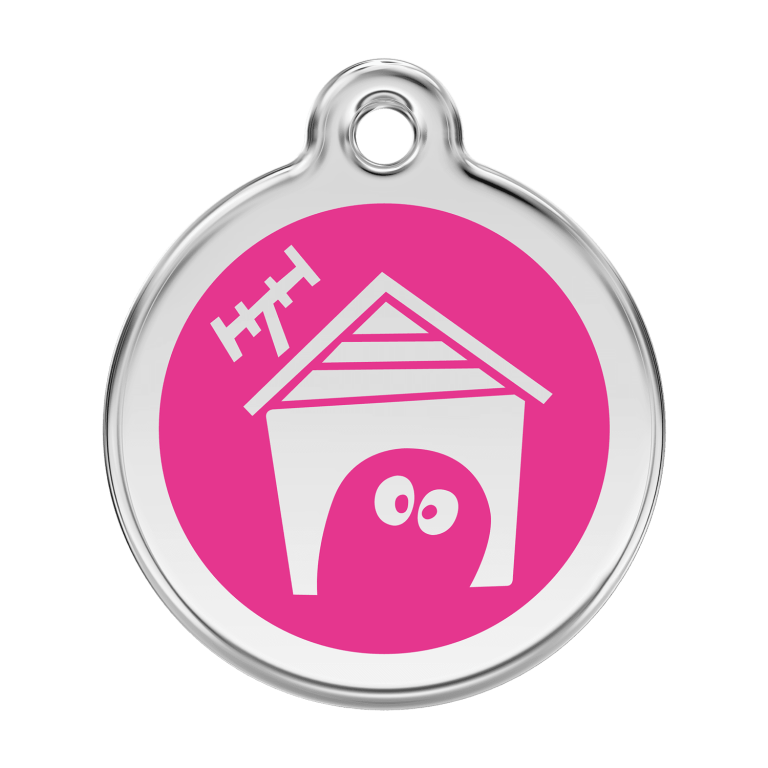 Vue avant - Médaille personnalisable pour chien en émail et acier inoxydable - Red Dingo - Motif Niche - Rose vif - Größe L