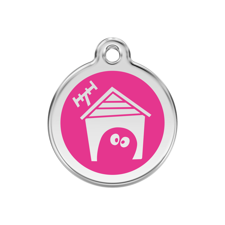 Vue avant - Médaille personnalisée pour chien en émail et acier inoxydable - Red Dingo - Motif Niche - Rose vif - Größe M