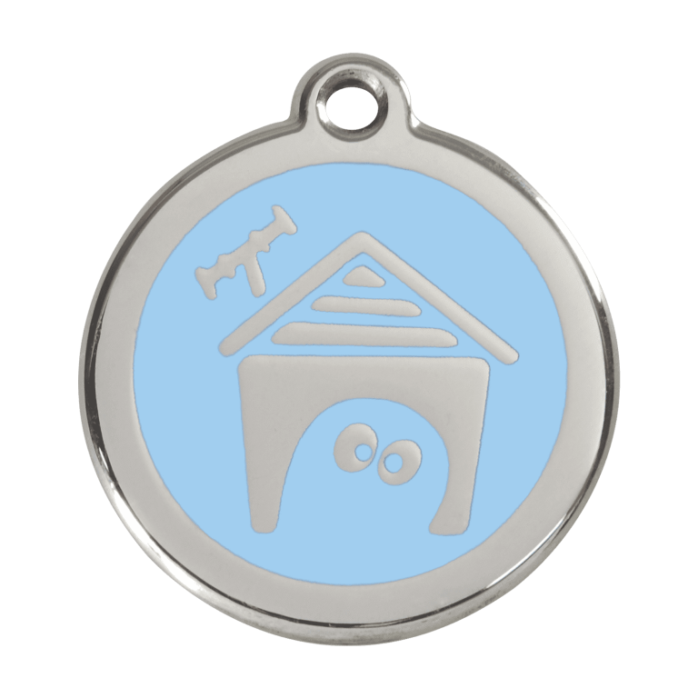 Vue avant - Médaille personnalisée pour chien Red Dingo Émail et acier inoxydable - Motif Niche - Bleu clair - Größe L