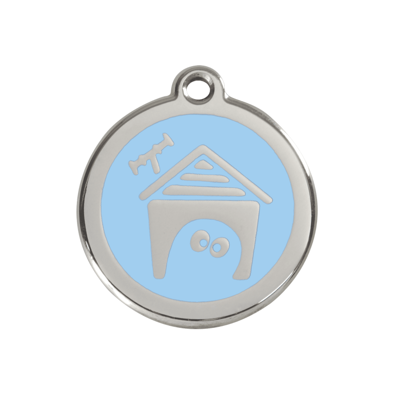 Vue avant - Médaille personnalisée pour chien Red Dingo Émail et acier inoxydable - Motif Niche - Bleu clair - Größe M