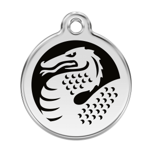 Hundemarke groß mit schwarzem Drachenmotiv aus Emaille und Edelstahl