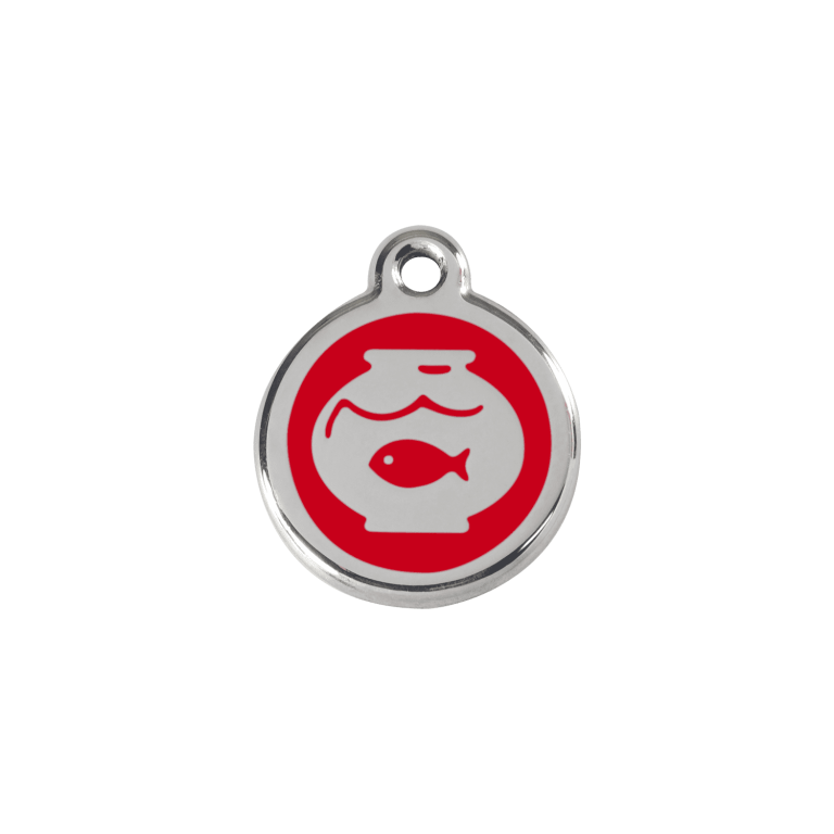 Vue avant - Médaille personnalisée pour chien/chat Red Dingo Émail et acier inoxydable - Motif bocal poissons - Rouge - Größe S