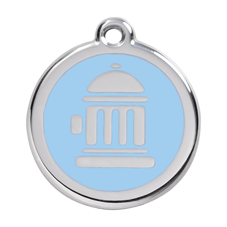Vue avant - Médaille personnalisée pour chien Red Dingo Émail et acier inoxydable Bouche d'incendie Bleu clair - Größe L
