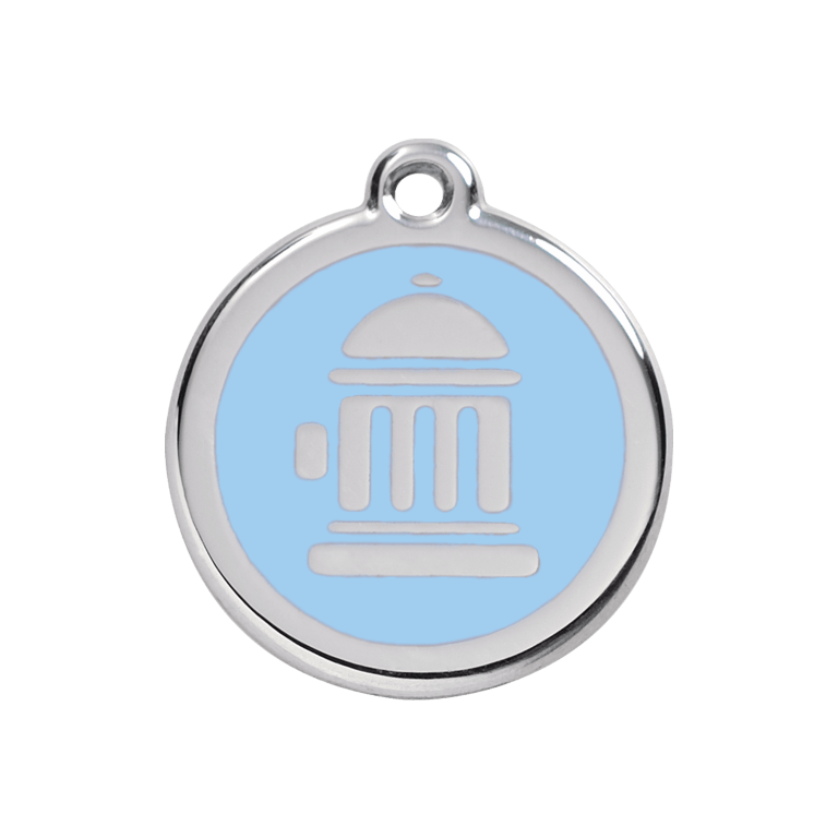 Vue avant - Médaille personnalisée pour chien Red Dingo Émail et acier inoxydable - Bouche d'incendie - Bleu clair - Größe M
