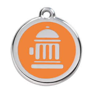 Hundemarke groß mit orangefarbenem Hydrant-Design aus Emaille und Edelstahl