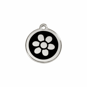 Katzenmarke Klein mit schwarzer Blume aus Emaille und Edelstahl