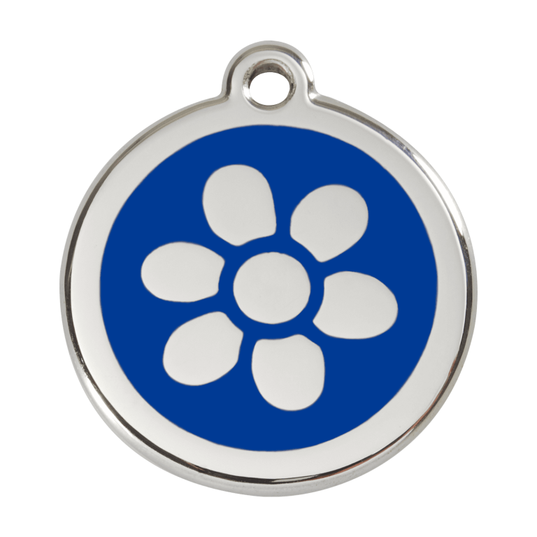 Vue avant - Médaille personnalisée pour chien Red Dingo Émail et acier inoxydable - Fleur bleue - Größe L