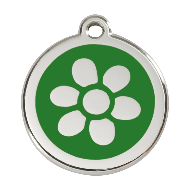 Vue avant - Médaille personnalisée pour chien Red Dingo Émail et acier inoxydable - Fleur Vert - Größe L